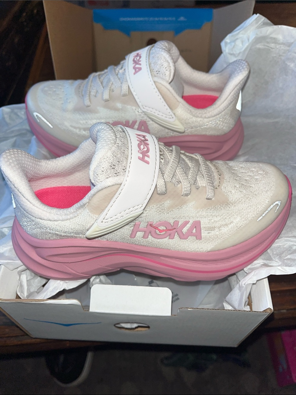 Hoka Kids White and Pink Hook-and-Loop Athletic Sneakers - Picture 6 of 11